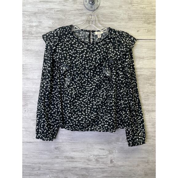 A.N.A . Womens Top Size PM Medium Petite Ditsy Black Long Sleeve Ruffle - Picture 1 of 10